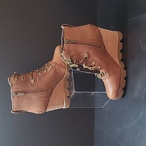 Sorel Women Sz 8 Hazelnut Joan Uptown Lace Bootie Waterproof Leather Wedge Boots